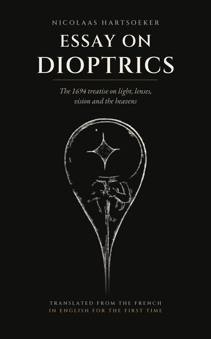 Cover of Essay on Dioptrics by Nicolaas Hartsoeker, showing the 1694 engraving of a figure curled inside a sperm cell.